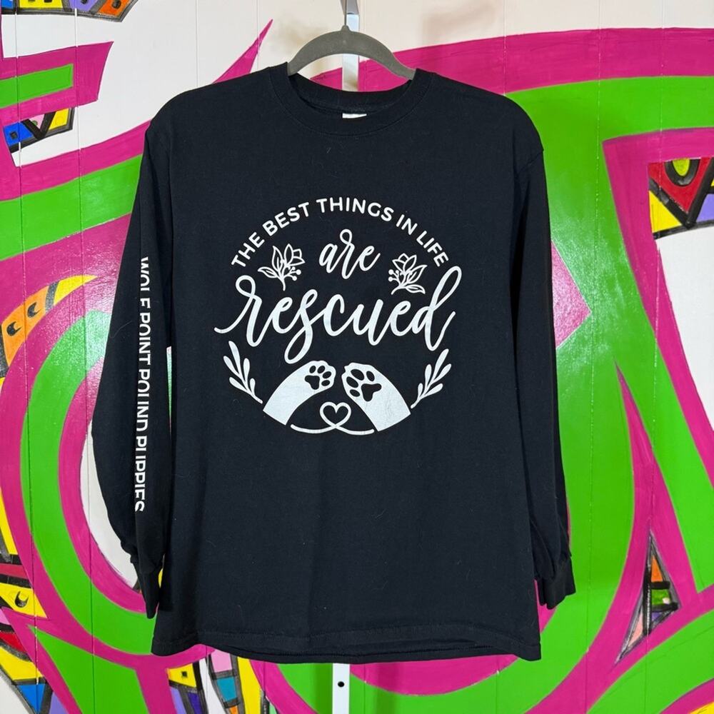 Gildan, Black Long Sleeve Tee with Circular Rescued Animal Print. Size Medium!